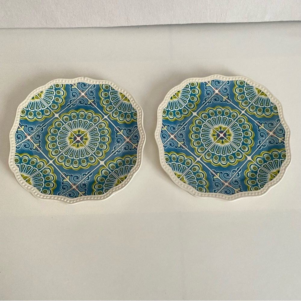 Pier 1 Imports Set of 2 Atlas Salad Plates Scalloped Edges Geometric Pattern